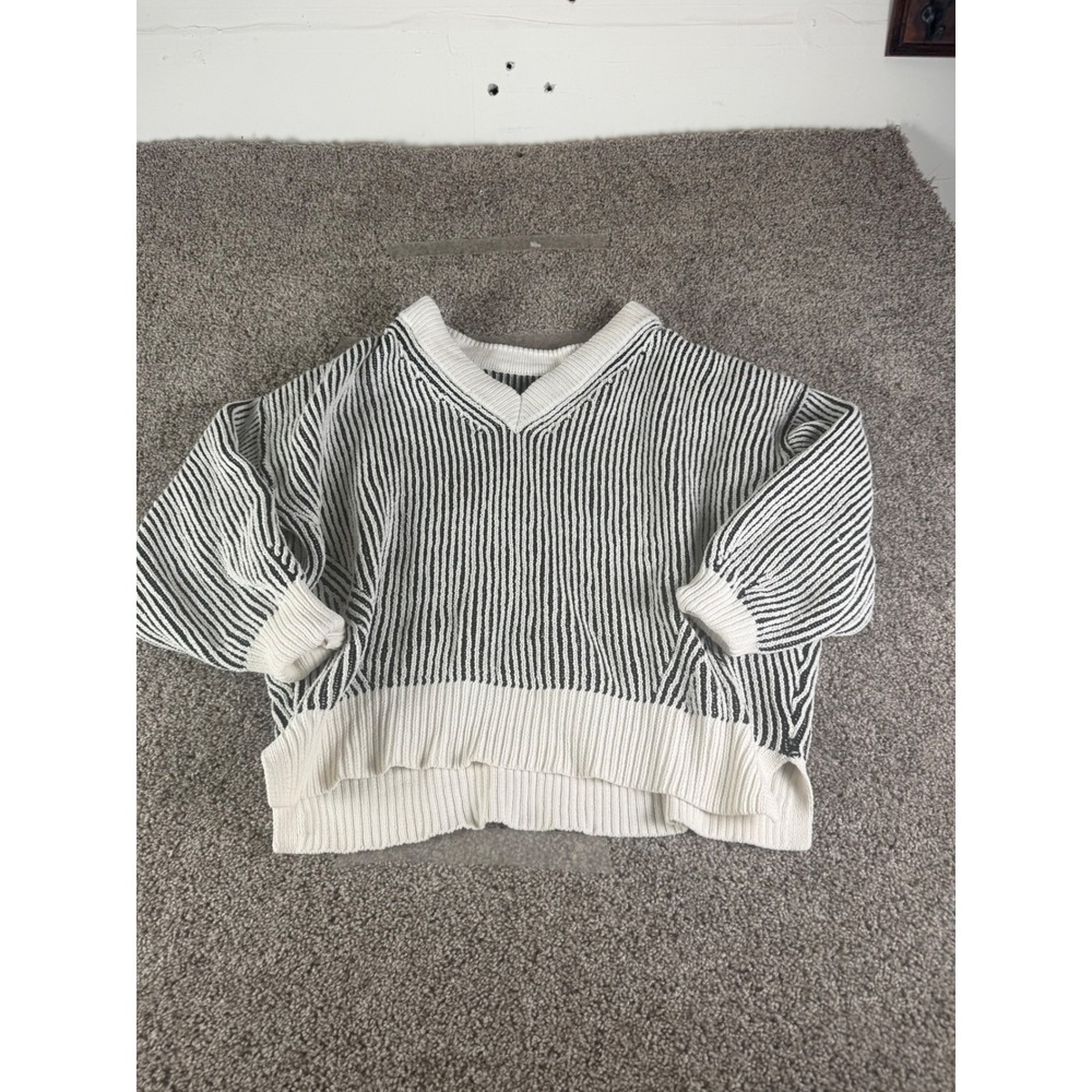 Aerie Womens Black White Striped Oversized V-Neck Knit Sweater Small‎